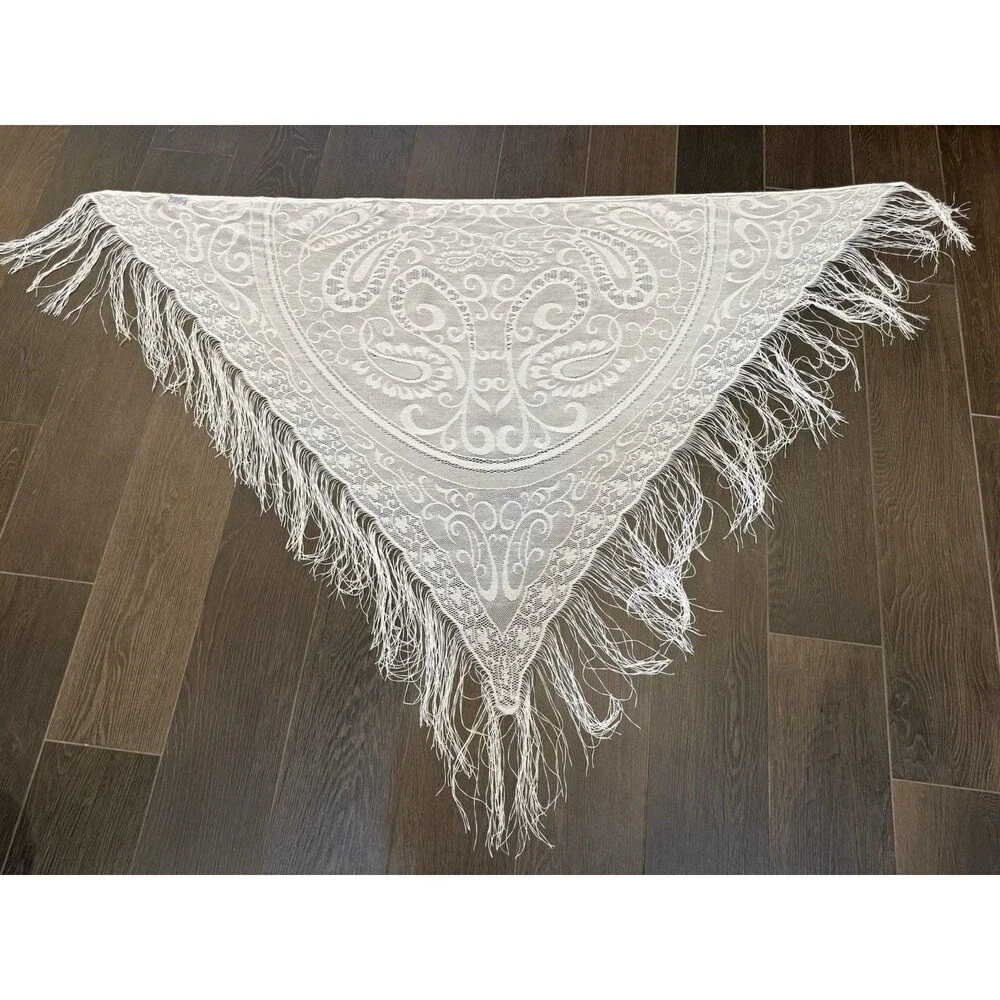 Vintage White Lace Fringe Boho Scarf 72x43” Shawl Bridal Festival Stevie Nicks